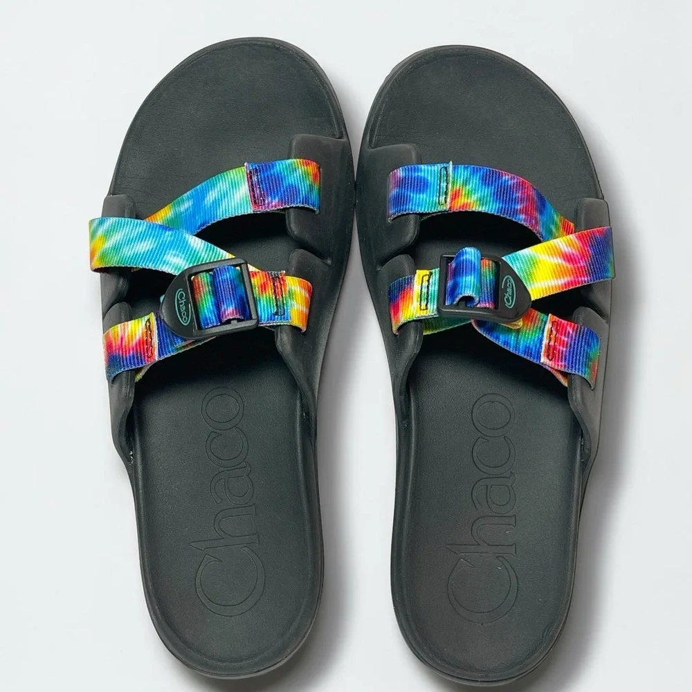 Chaco Chillos Kids Youth 6 Slide Sandal Tie Dye Black/Rainbow Nylon Slip On